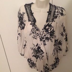 Black and white gauze blouse with lace insert